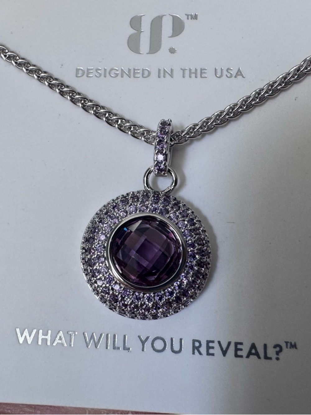 bp Silver Necklace with Purple Faceted Crystal Halo Pendant